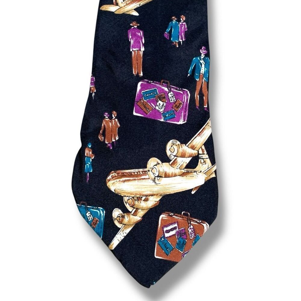 Vintage 90s Tie Italian Silk Classic Travel Theme Airplane Luggage People Black
